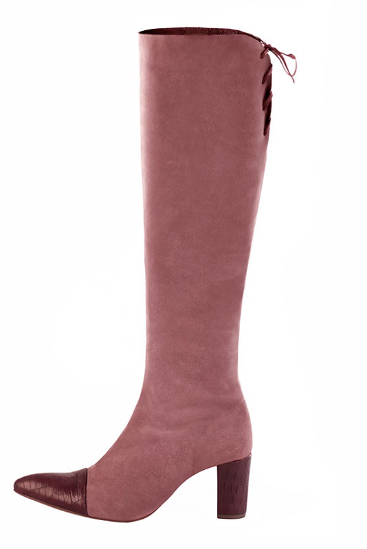 Burgundy red and dusty rose pink women's knee-high boots, with laces at the back. Tapered toe. High block heels. Made to measure. Profile view - Florence KOOIJMAN